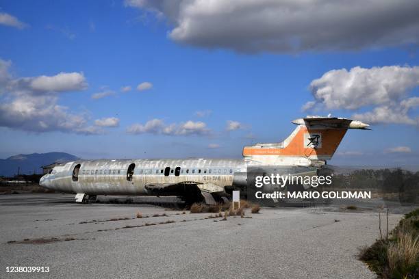 Dilapidated Cyprus Airways Trident 2E aircraft sits on the tarmac of the abandoned Nicosia airport in the UN-protected buffer zone of the divided...