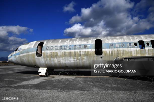 Dilapidated Cyprus Airways Trident 2E aircraft sits on the tarmac of the abandoned Nicosia airport in the UN-protected buffer zone of the divided...