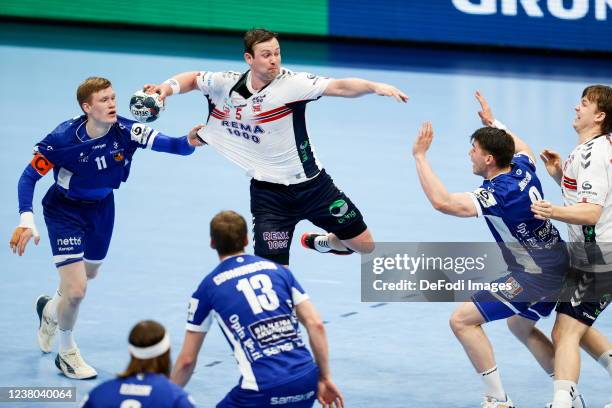 Ýmir GiSLASON , Sander Sagosen of Norway , Elvar JoNSSON and Thomas Alfred Solstad of Norway during the Fifth Place match between Iceland an Norway...