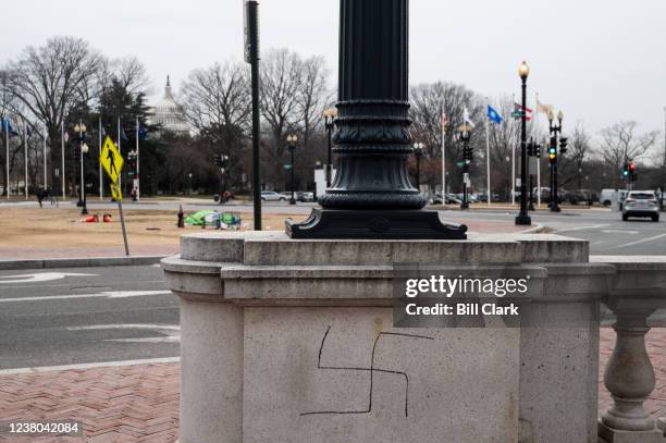 Swastika is seen outside of Union Station just block from the U.S. Capitol in the backgroound. Dozens of swastikas and anti-Obama slogans, most of...