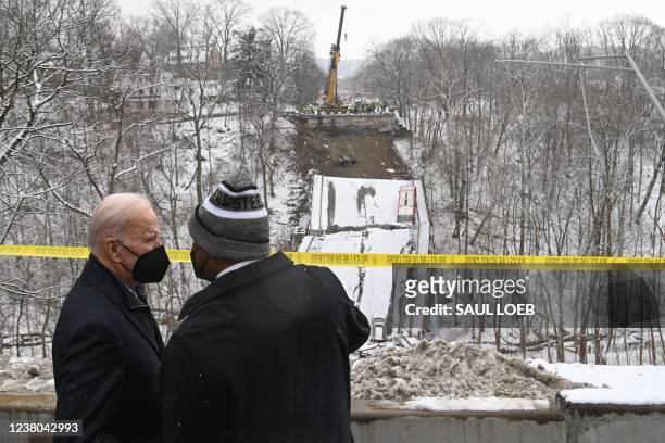 President Joe Biden and the Mayor of Pittsburgh Ed Gainey visit the scene of the Forbes Avenue Bridge collapse over Fern Hollow Creek in Frick Park...