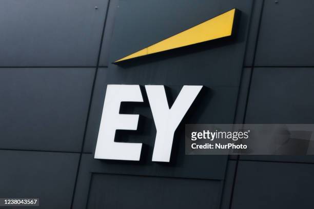 Ey logo is seen on an office building in Krakow, Poland on January 28, 2022.