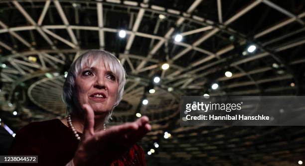 German Commissioner for Culture and the Media Claudia Roth speaks to media during a virtual party congress of the German Greens party on January 28,...