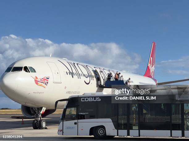 Virgin Atlantic plane is seen on the tarmac at Barbados Grantley Adams International airport in Christ Church on January 28, 2022.