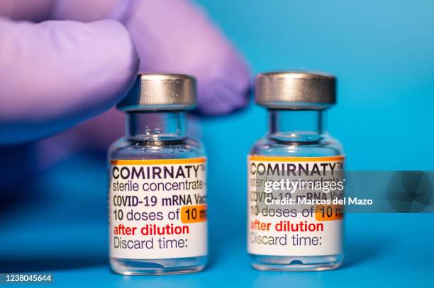 In this photo illustration vials of COMIRNATY vaccine for coronavirus treatment.