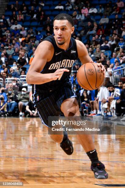 Jalen Suggs of the Orlando Magic dribbles the ball during the game against the Detroit Pistons on January 28, 2022 at Amway Center in Orlando,...