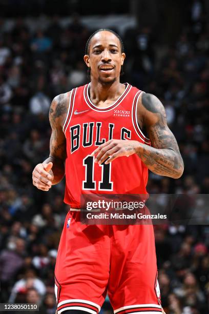 DeMar DeRozan of the Chicago Bulls smiles during the game against the San Antonio Spurs on January 28, 2022 at the AT&T Center in San Antonio, Texas....