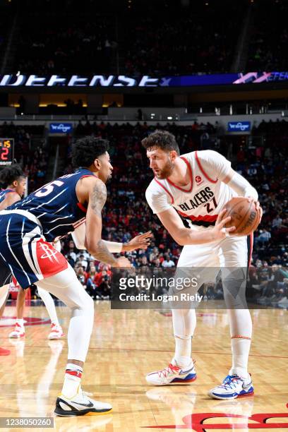 Jusuf Nurkic of the Portland Trail Blazers looks to pass the ball during the game against the Houston Rockets on January 28, 2022 at the Toyota...
