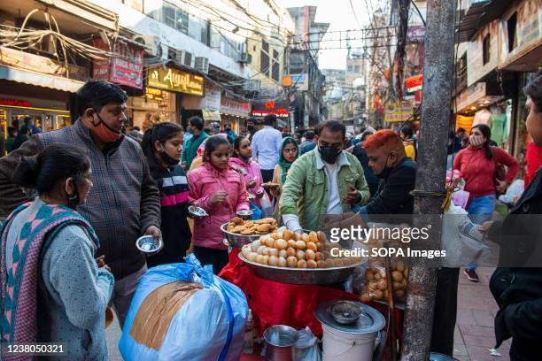 Crowded Panipuri stall at Nai Sadak in Chandni chowk, old Delhi. Markets and malls in the national capital opened in full capacity after the Delhi...