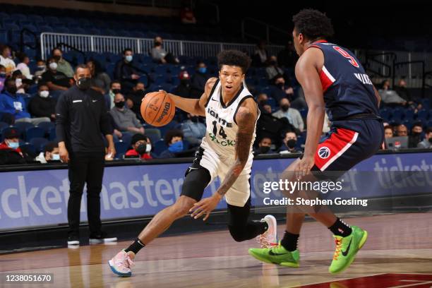 MarJon Beauchamp of the G League Ignite drives against the Capital City GoGo during an NBA G-League game on January 26, 2022 at Entertainment and...