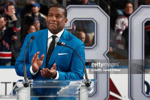 Former New York Rangers goaltender Kevin Weekes speaks during Henrik Lundqvists jersey retirement night prior to the game against the Minnesota Wild...