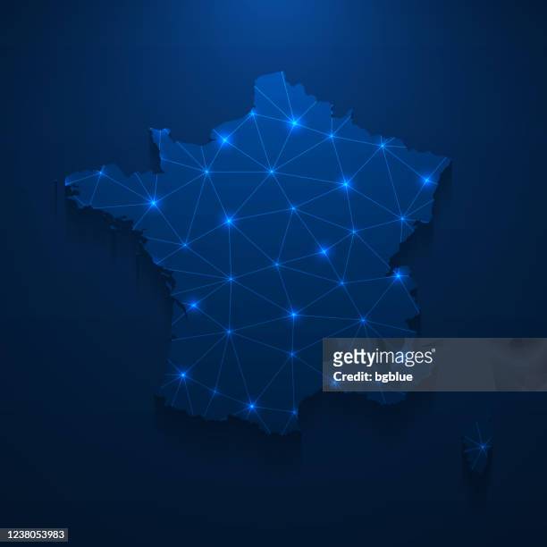 ilustrações de stock, clip art, desenhos animados e ícones de france map network - bright mesh on dark blue background - frança