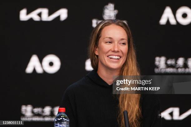 Danielle Collins of the US attends a press conference after losing the women's singles final match to Australia's Ashleigh Barty on day thirteen of...