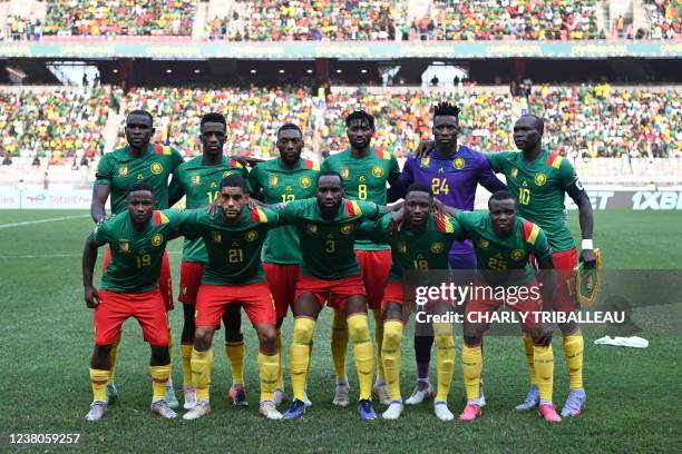 Cameroon's players, defender Michael Ngadeu-Ngadjui, midfielder Samuel Oum Gouet, forward Karl Toko Ekambi, midfielder Andre Zambo Anguissa,...