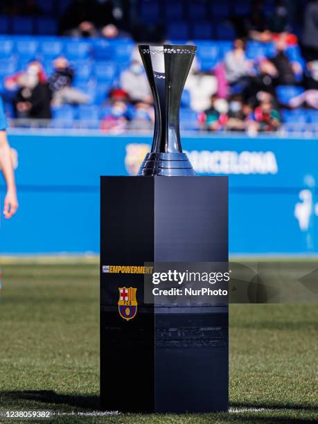 Supercopa trophy during the Primera Iberdrola Spain women's national league match between FC Barcelona and Real Betis at Johan Cruyff Stadium in...