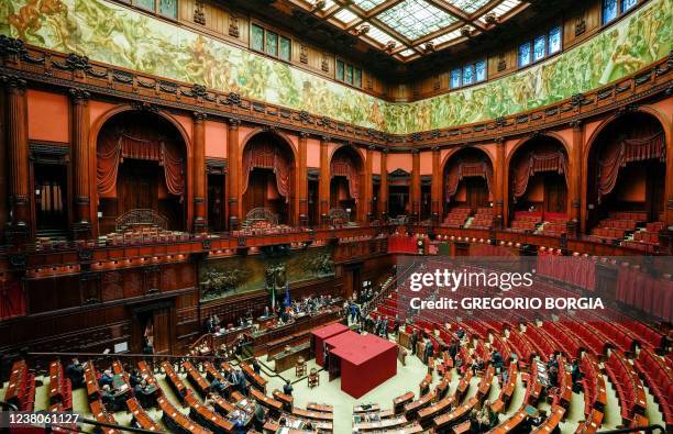 Lawmakers sit on the tribune during the 8th round of voting for Italy's new president during a session of the parliament at Palazzo Montecitorio in...