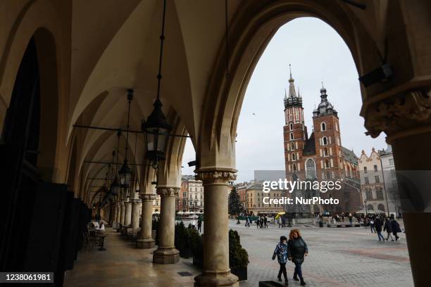 St. Mary's Church on the Main Square in Krakow, Poland on January 29, 2022.