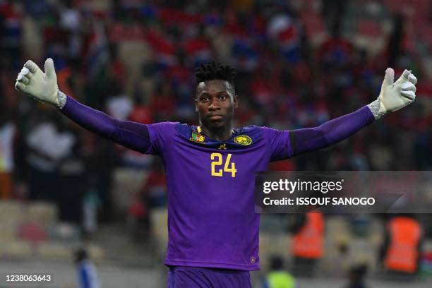 Cameroon's goalkeeper Andre Onana celebrates their victory and qualification for the semis at the end of the Africa Cup of Nations 2021 quarter final...