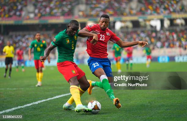 Michael Ngadeu-Ngadjui of Cameroon and Muhammed Badamosi of Gambia during Cameroon versus The Gambia, African Cup of Nations, at Japoma Stadium on...