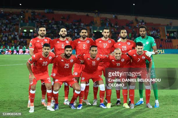 Tunisia's players, defender Oussama Haddadi, defender Dylan Bronn, defender Bilel Ifa, midfielder Ellyes Skhiri, midfielder Aissa Laidouni goalkeeper...