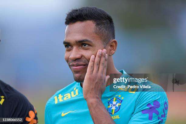 Alex Sandro of Brazil gestures during a training session at Toca da Raposa II on January 29, 2022 in Belo Horizonte, Brazil. Brazil faces Paraguay on...