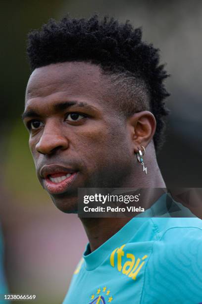 Vinicius Junior of Brazil looks on during a training session at Toca da Raposa II on January 29, 2022 in Belo Horizonte, Brazil. Brazil faces...
