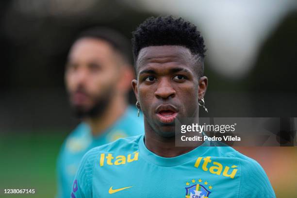 Vinicius Junior of Brazil looks on during a training session at Toca da Raposa II on January 29, 2022 in Belo Horizonte, Brazil. Brazil faces...