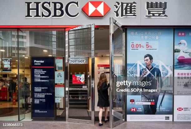 Client arrives at the British multinational banking and financial services holding company, HSBC Bank branch in Hong Kong.