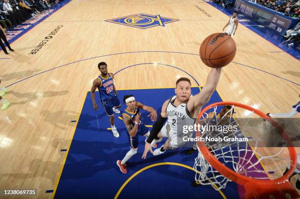 Blake Griffin of the Brooklyn Nets dunks the ball during the game against the Golden State Warriors on January 29, 2022 at Chase Center in San...