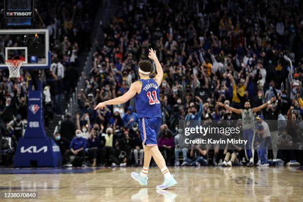 Klay Thompson of the Golden State Warriors celebrates a three point jump shot late in the fourth quarter against the Brooklyn Nets at Chase Center on...