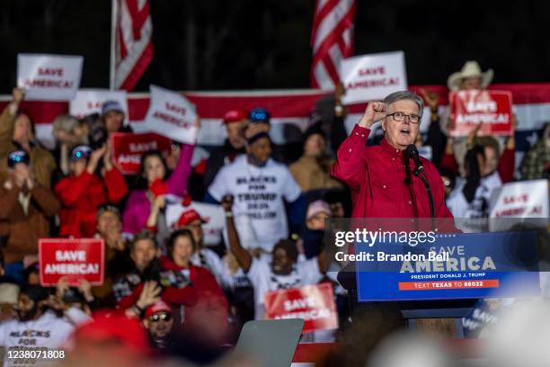 Lieutenant Governor of Texas Dan Patrick speaks during the Save America rally at the Montgomery County Fairgrounds on January 29, 2022 in Conroe,...