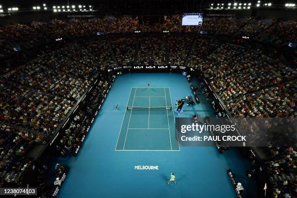 General view shows Rod Laver Arena during the men's singles final match between Spain's Rafael Nadal and Russia's Daniil Medvedev on day fourteen of...