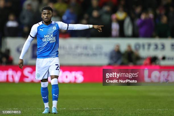 Bali Mumba of Peterborough United points during the Sky Bet Championship match between Peterborough United and Sheffield United at Weston Homes...