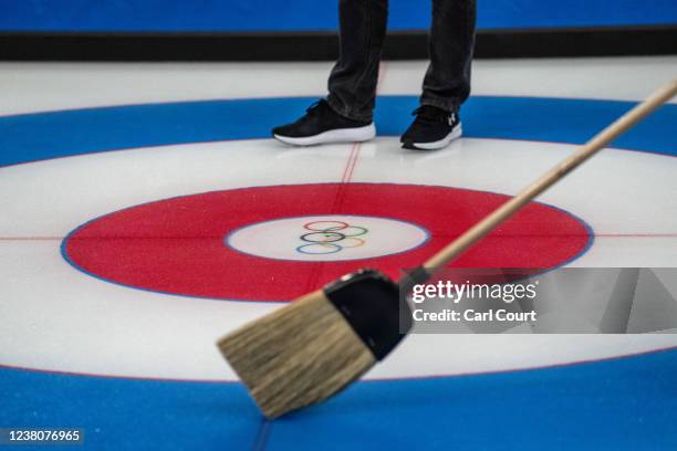 Workers prepare the curling sheets at the National Aquatic Centre on January 30, 2022 in Beijing, China. With less than one week to go until the...