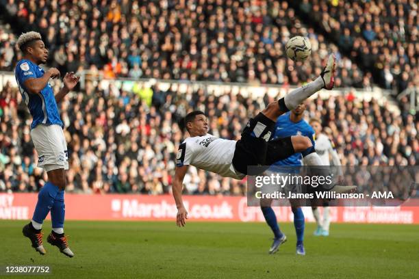 Curtis Davies of Derby County attempts an overhead kick during the Sky Bet Championship match between Derby County and Birmingham City at Pride Park...