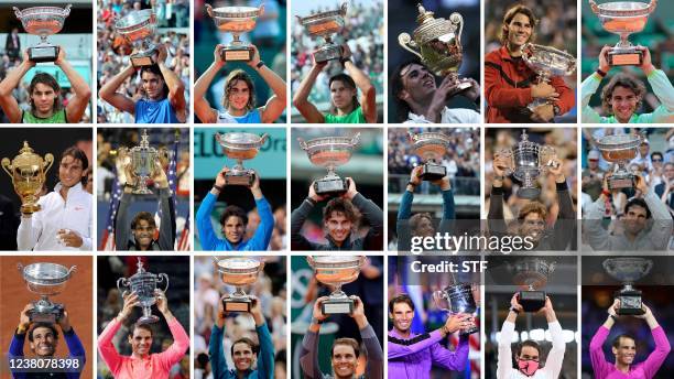 This combination of pictures created early on January 31, 2022 shows Spain's Rafael Nadal posing with the trophies of his 21 Grand Slam victories on...