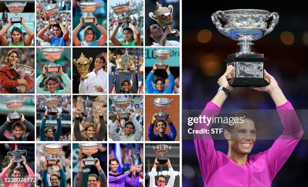 This combination of pictures created early on January 31, 2022 shows Spain's Rafael Nadal posing with the trophies of his 21 Grand Slam victories on...