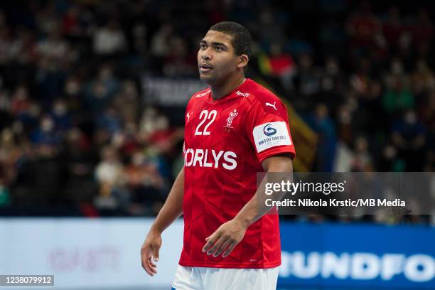 Mads Mensah Larsen of Denmark reacts during the Men's EHF EURO 2022 3rd Place Match match between France and Denmark at on January 30, 2022 in...