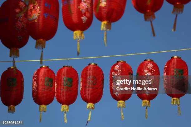 Lanterns hang in Chinatown ahead of Chinese New Year celebrations on January 30, 2022 in London, England. The Chinese New Year falls on February 1,...