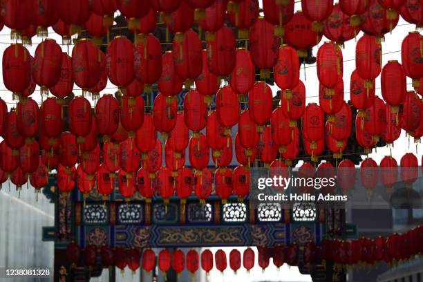 Lanterns hang in Chinatown ahead of Chinese New Year celebrations on January 30, 2022 in London, England. The Chinese New Year falls on February 1,...