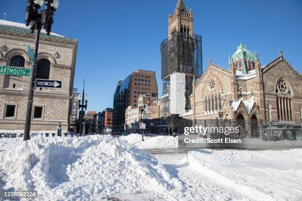 Snow covers the area around Copley Square after Winter Storm Kenan on January 30, 2022 in Boston, Massachusetts. A powerful noreaster brought...