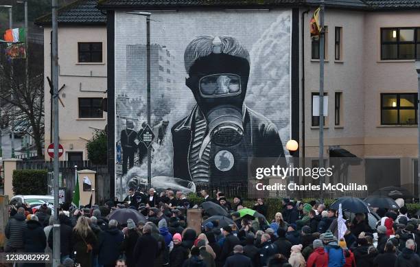 Crowds gather at Free Derry Corner during the Bloody Sunday March to Free Derry Corner, as they mark the 50th Anniversary of Bloody Sunday, on...