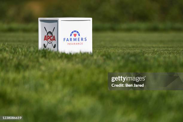 Tee box marker signage is seen during the final round of the APGA Tour at Farmers Insurance Open at Torrey Pines South on January 30, 2022 in San...