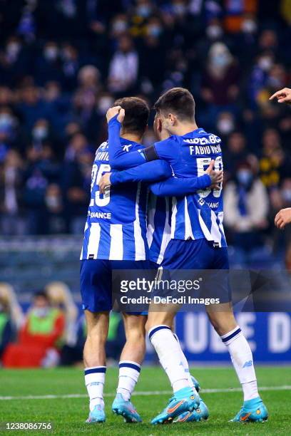 Eduardo Aquino of FC Porto celebrates after scoring his team's second goal with teammates during the Liga Portugal Bwin match between FC Porto and CS...