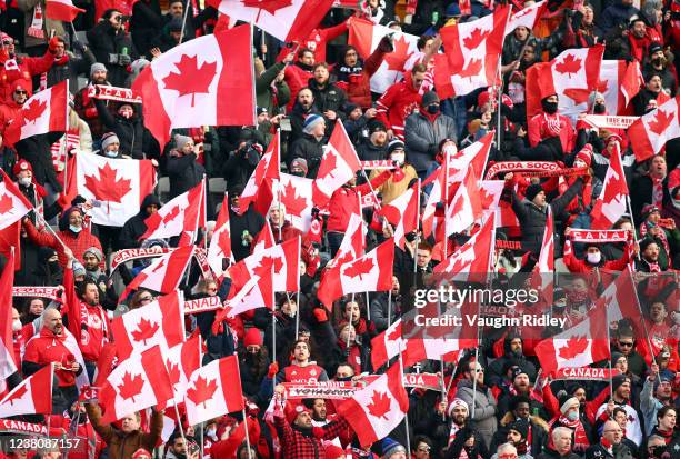 Canada fans cheer prior to a 2022 World Cup Qualifying match against the United States at Tim Hortons Field on January 30, 2022 in Hamilton, Ontario,...