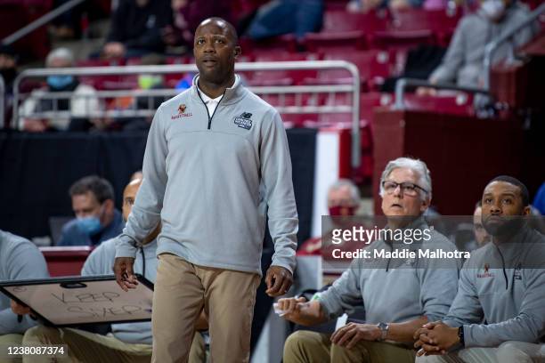 Head coach Earl Grant of the Boston College Eagles looks on during a game against the Pittsburgh Panthers at Conte Forum on January 30, 2022 in...