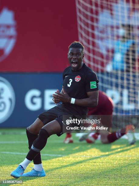 Sam Adekugbe of Canada reacts after a shot on goal during a 2022 World Cup Qualifying match against the United States at Tim Hortons Field on January...