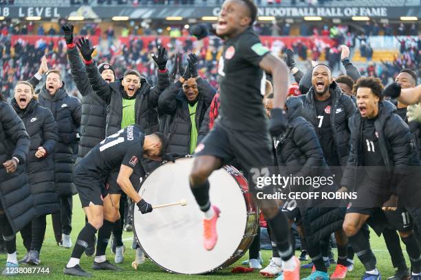 Canadas Mens National Soccer team celebrates their win over the United States in their World Cup qualifying match in Hamilton, Ontario, on January...