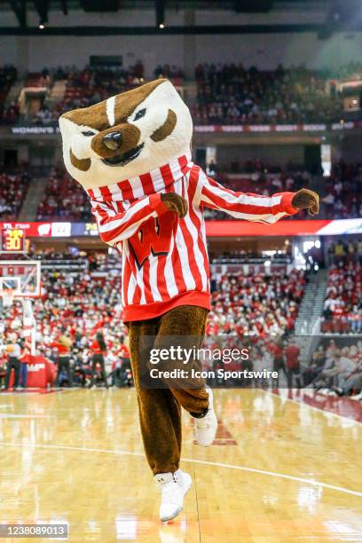 Wisconsin mascot Bucky Badger "Cranks Dat Soulja Boy" during a college basketball game between the University of Wisconsin Badgers and the University...