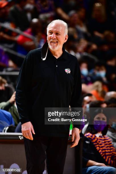 Head Coach Gregg Popovich of the San Antonio Spurs smiles during the game against the Phoenix Suns on January 30, 2022 at Footprint Center in...